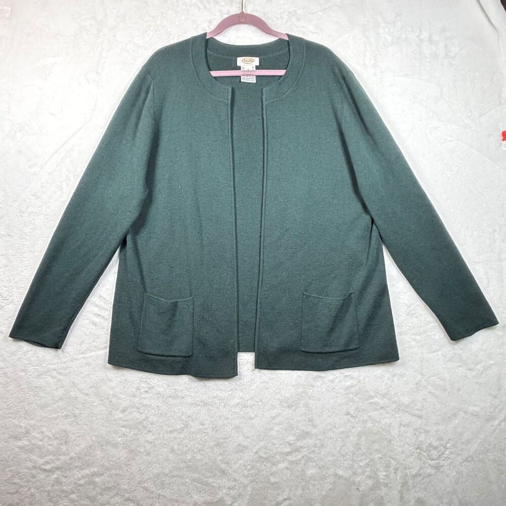 Talbots 100% Merino Wool Cardigan Sweater XL Hunter Green Open Front Pockets
